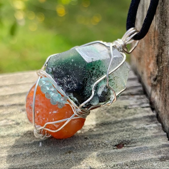 Forest Fluorite, Fire Opal & Apatite Bead Necklace - Picture 2 of 14